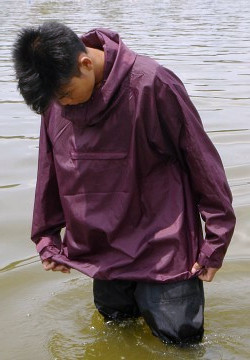 purple anorak as modest swimwear
