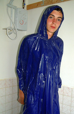 shower test of blue cagoule as modest swimwear