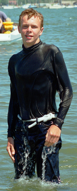 swim in T-shirt and jeans